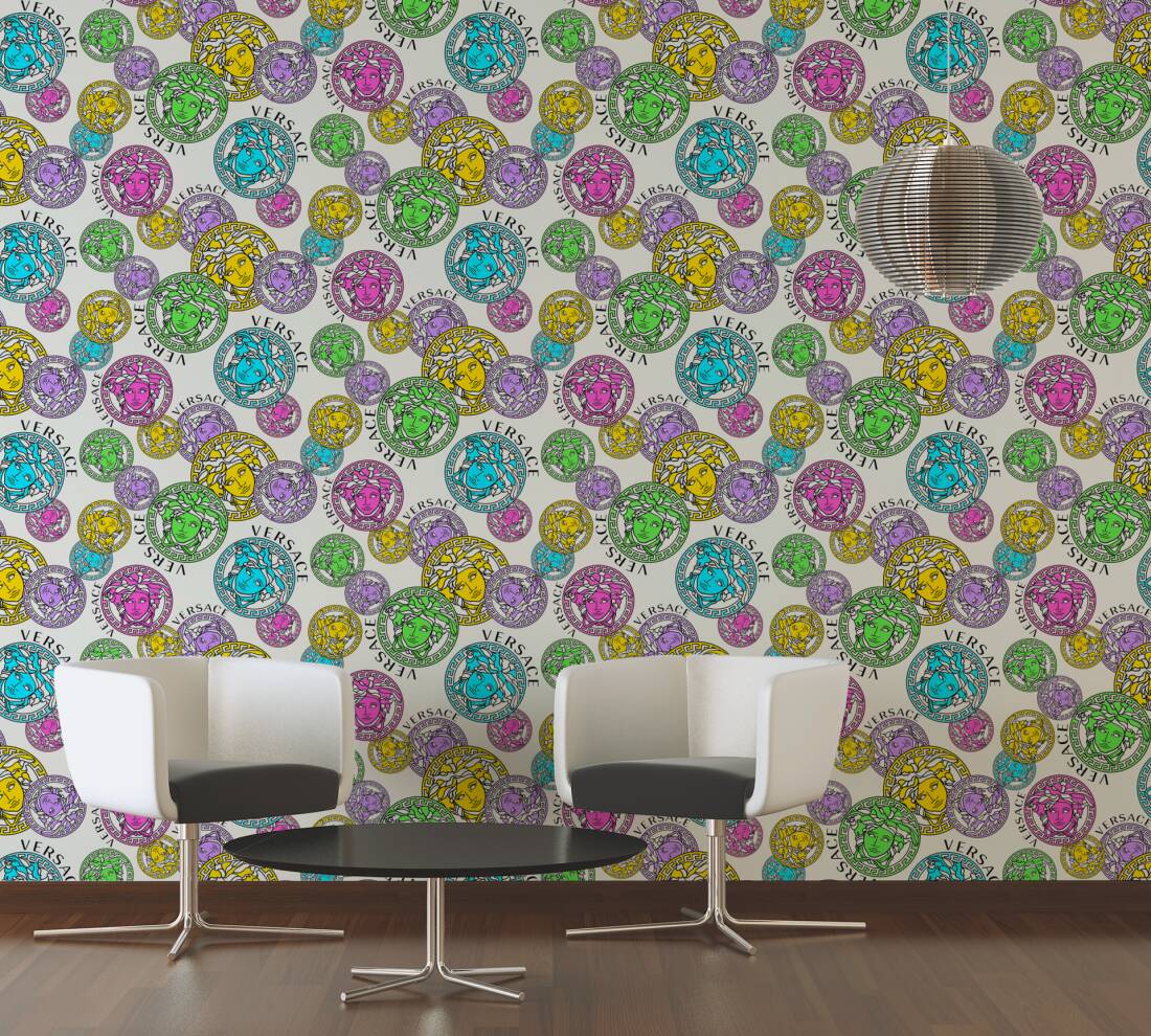 Medusa Head Textured Wallpaper in White/Multi from the Versace V Collection