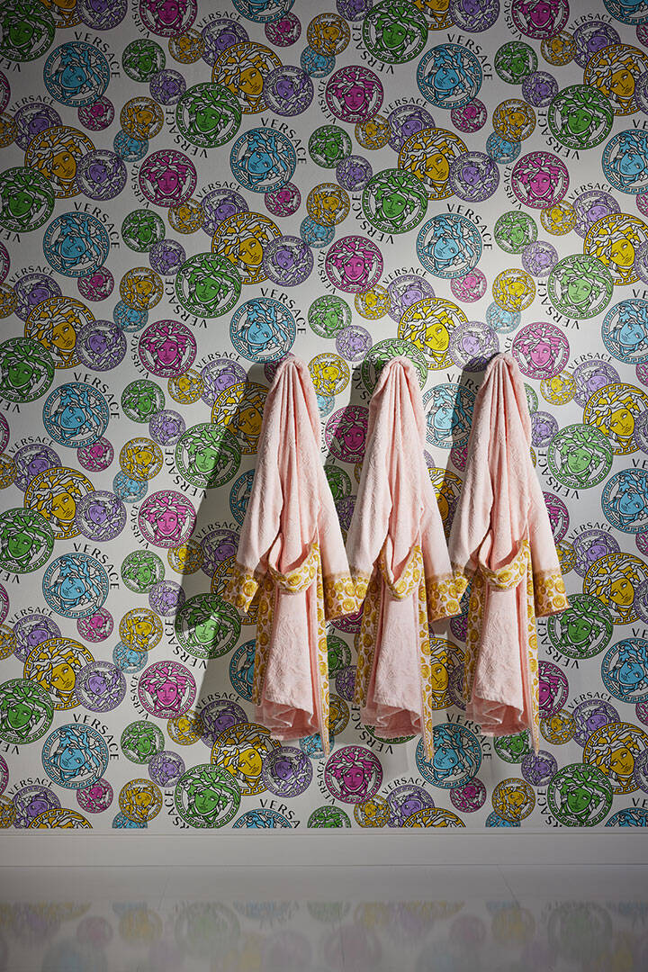 Medusa Head Textured Wallpaper in White/Multi from the Versace V Collection