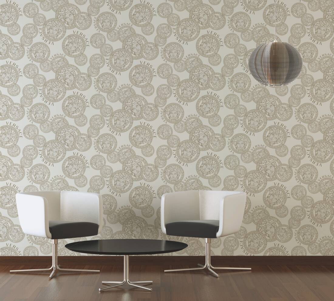 Medusa Head Textured Wallpaper in Gold/Cream from the Versace V Collection