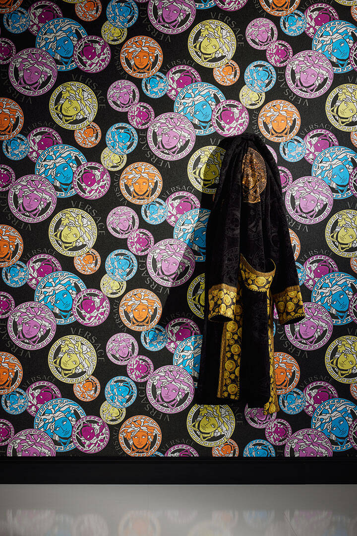 Medusa Head Textured Wallpaper in Black/Multi from the Versace V Collection