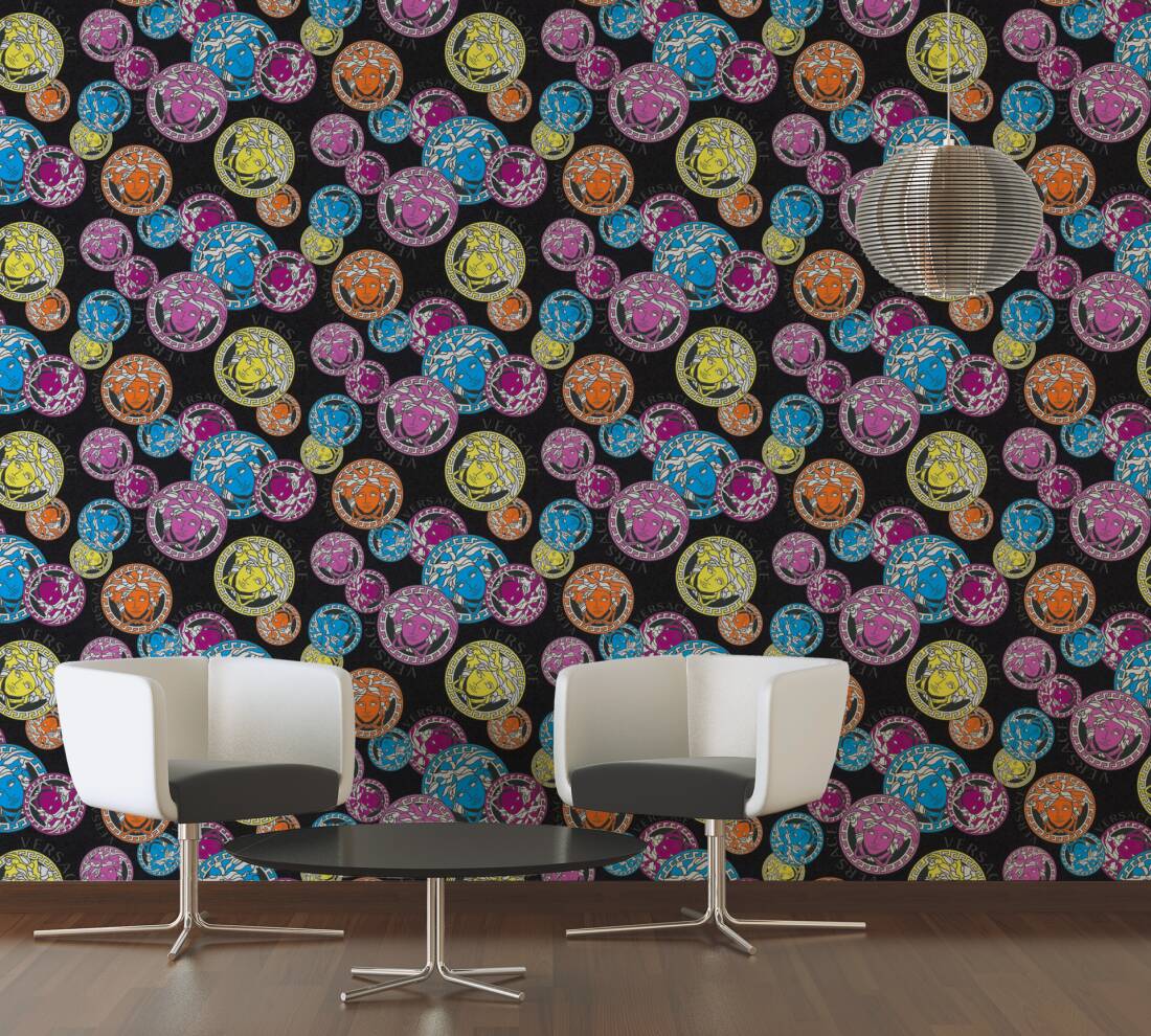Medusa Head Textured Wallpaper in Black/Multi from the Versace V Collection