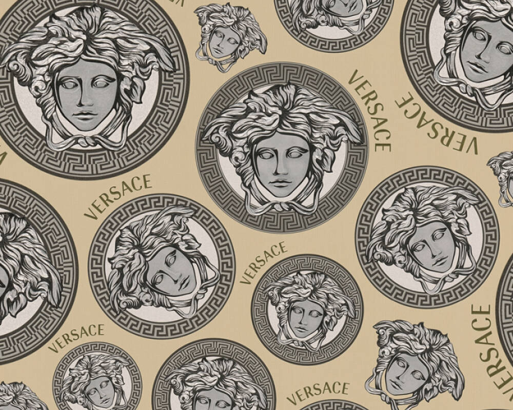 Medusa Head Textured Wallpaper in Black/Cream by Versace Home