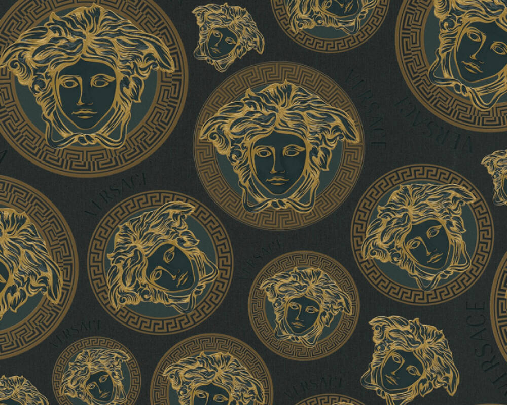 Medusa Head Textured Wallpaper in Black/Gold by Versace Home