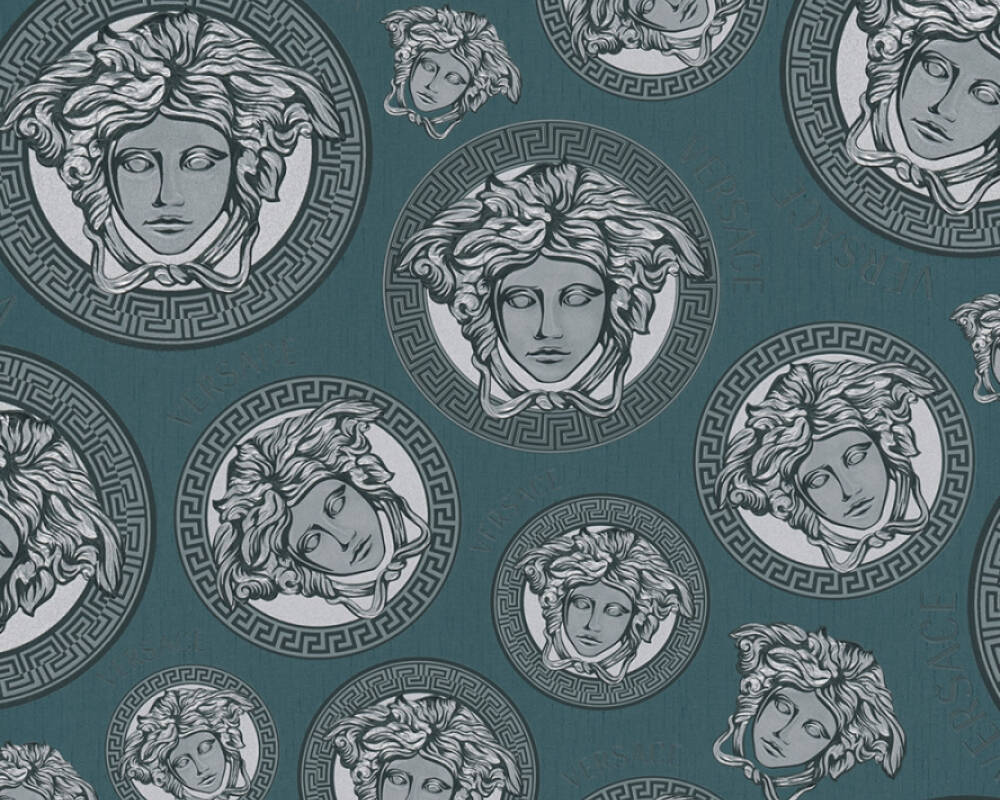 Medusa Head Textured Wallpaper in Black/Blue by Versace Home