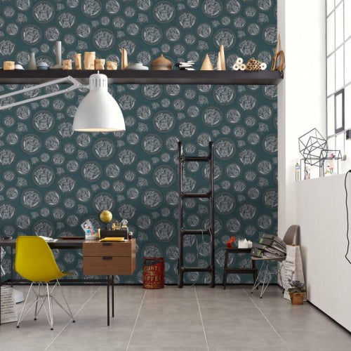 Medusa Head Textured Wallpaper in Black/Blue by Versace Home