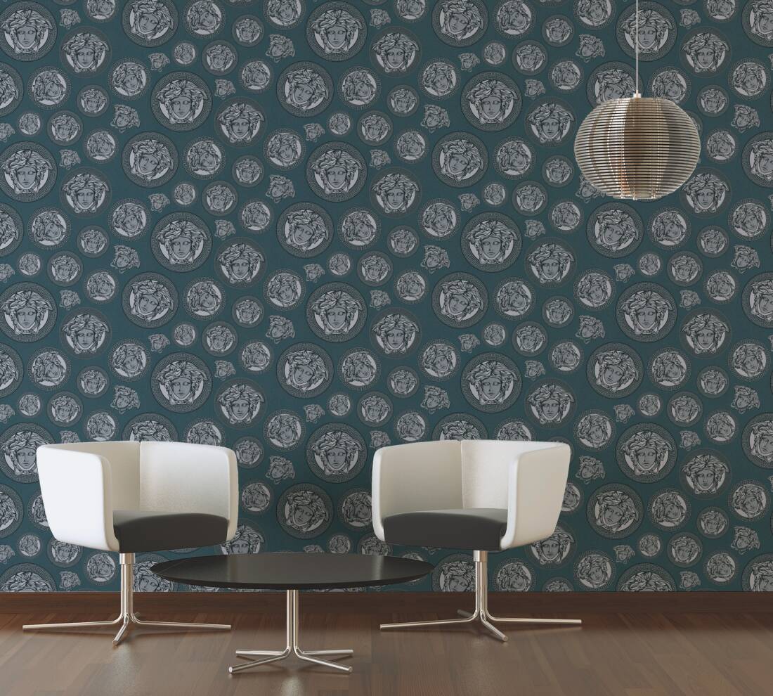 Medusa Head Textured Wallpaper in Black/Blue from the Versace V Collection