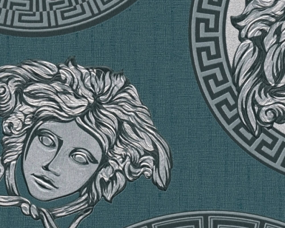 Medusa Head Textured Wallpaper in Black/Blue from the Versace V Collection
