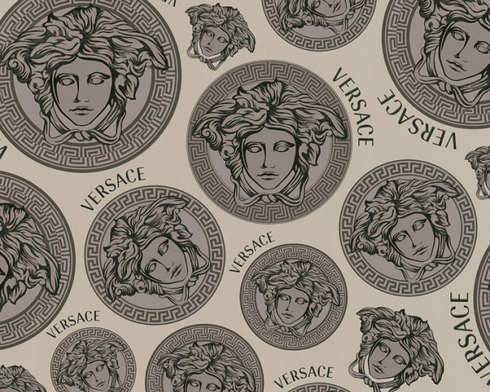 Medusa Head Textured Wallpaper in Cream/Black by Versace Home