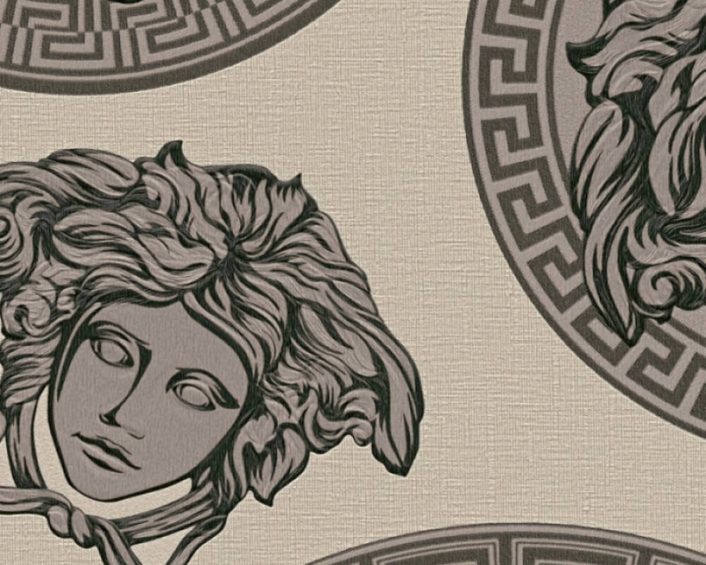 Medusa Head Textured Wallpaper in Cream/Black from the Versace V Collection