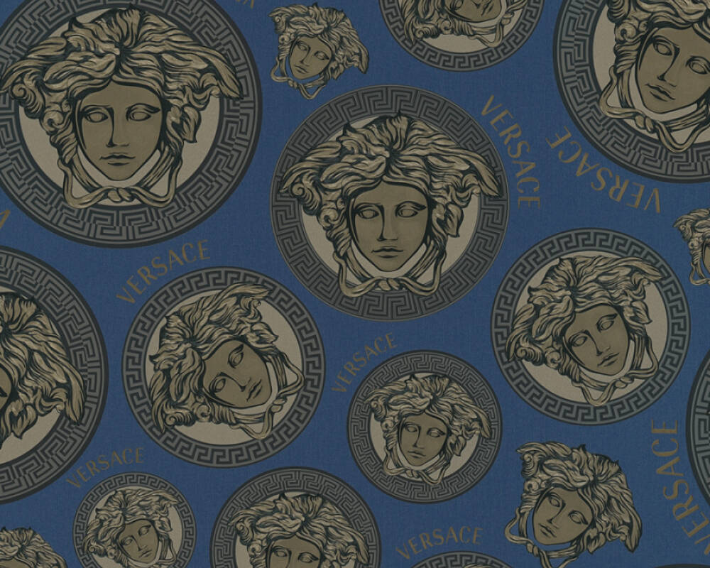 Medusa Head Textured Wallpaper in Blue/Gold by Versace Home