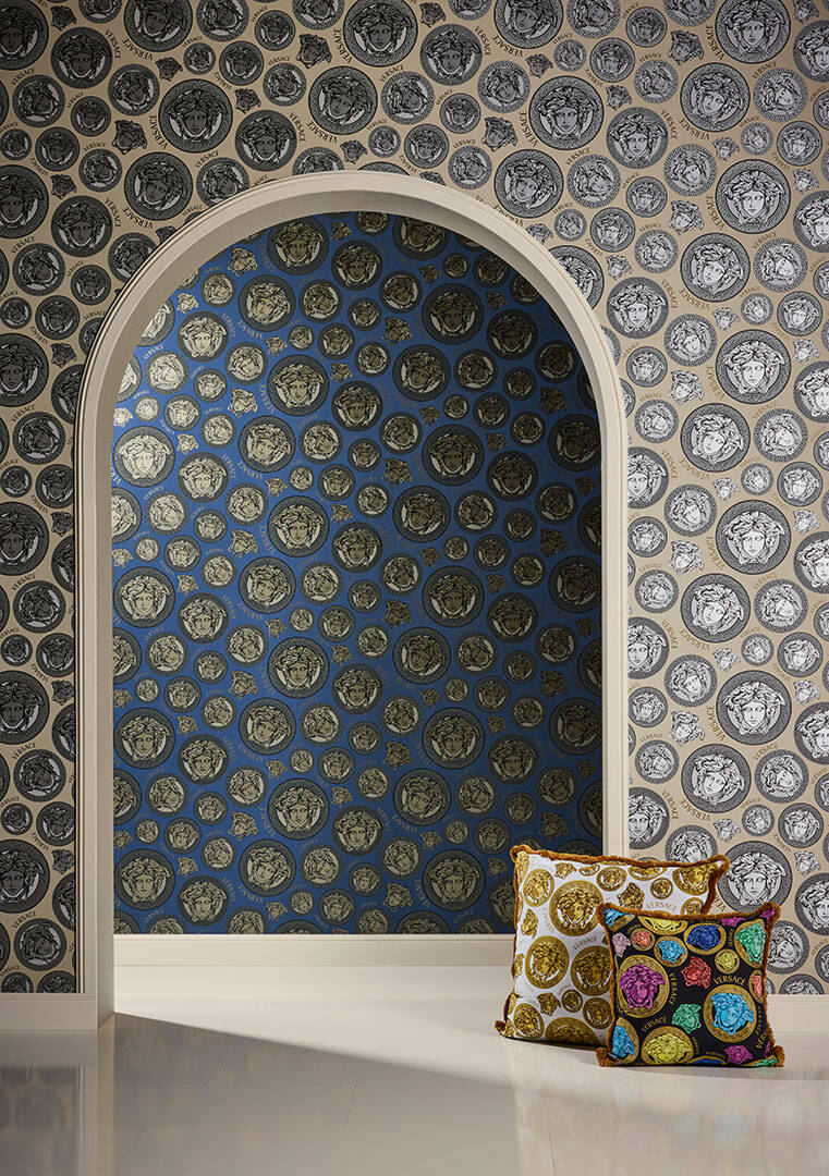 Medusa Head Textured Wallpaper in Blue/Gold from the Versace V Collection