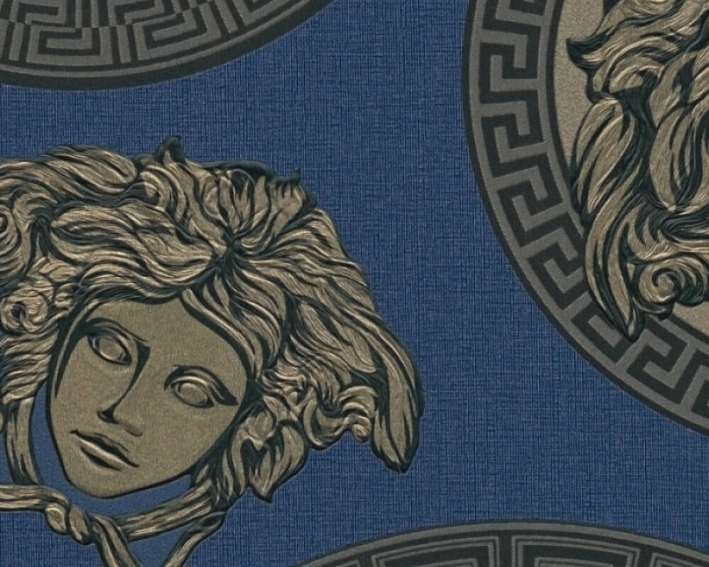 Medusa Head Textured Wallpaper in Blue/Gold from the Versace V Collection