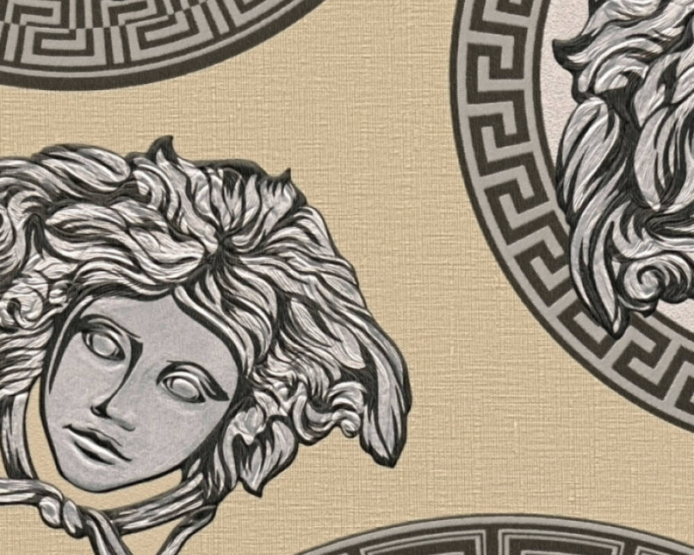 Medusa Head Textured Wallpaper in Black/Cream from the Versace V Collection