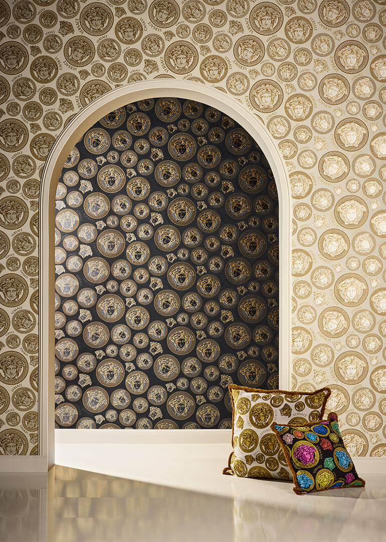 Medusa Head Textured Wallpaper in Gold/Black from the Versace V Collection