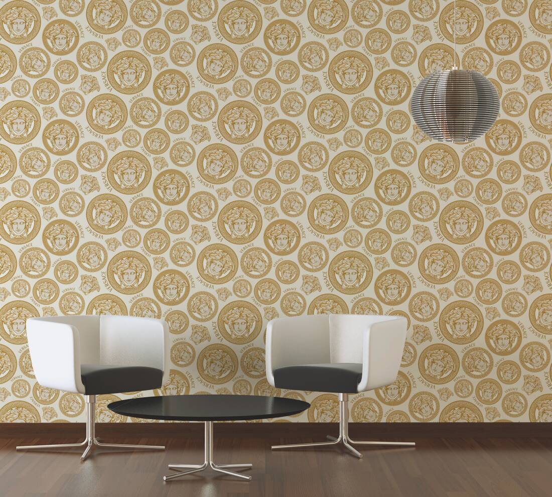Medusa Head Textured Wallpaper in Gold/Black from the Versace V Collection