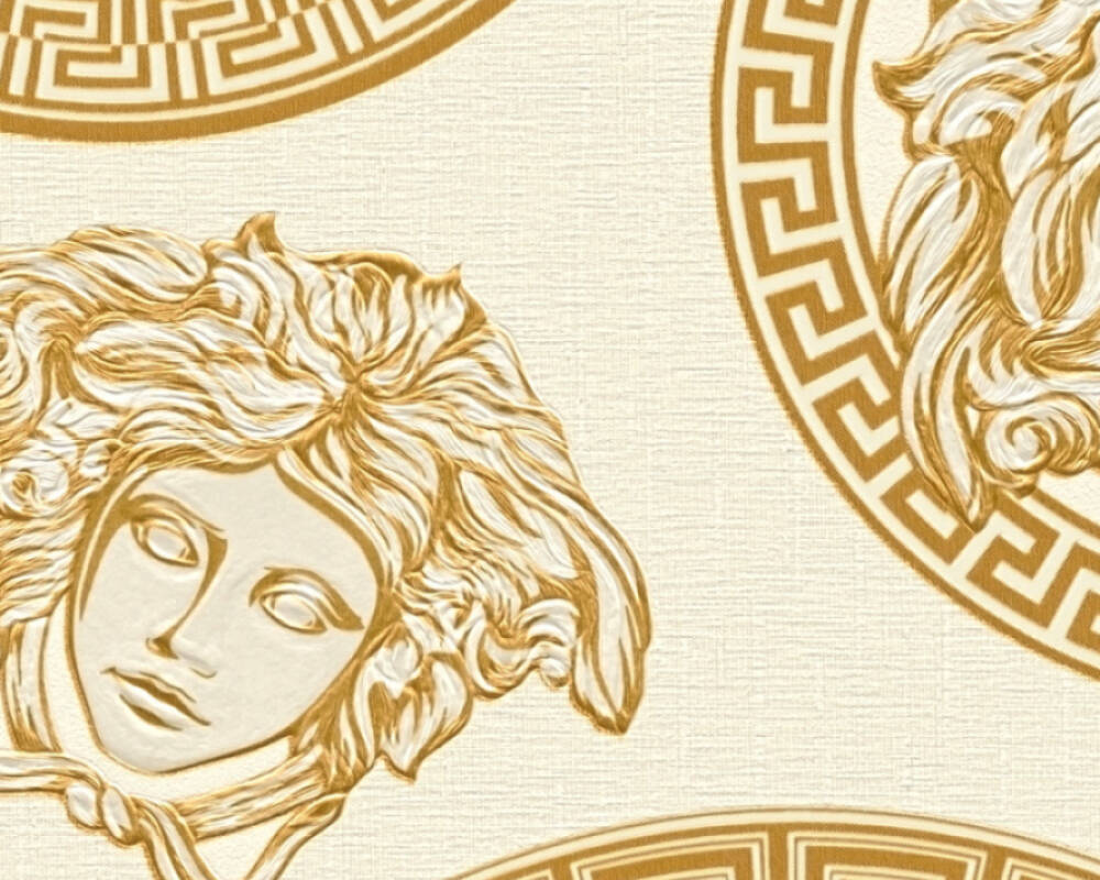 Medusa Head Textured Wallpaper in Gold/Black from the Versace V Collection