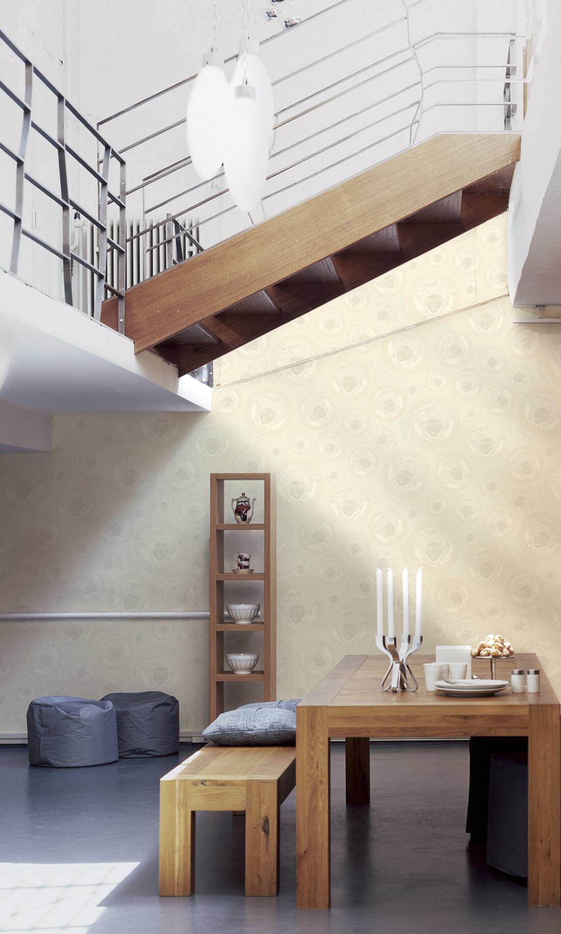 Medusa Head Textured Wallpaper in Cream/White from the Versace V Collection