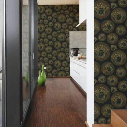 Medusa Head Textured Wallpaper in Black/Gold by Versace Home