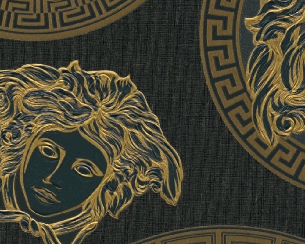 Medusa Head Textured Wallpaper in Black/Gold from the Versace V Collection