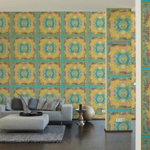 Baroque Ornaments Textured Wallpaper in Gold/Multi by Versace HomeBaroque Ornaments Textured Wallpaper in Gold/Multi from the Versace V Collection