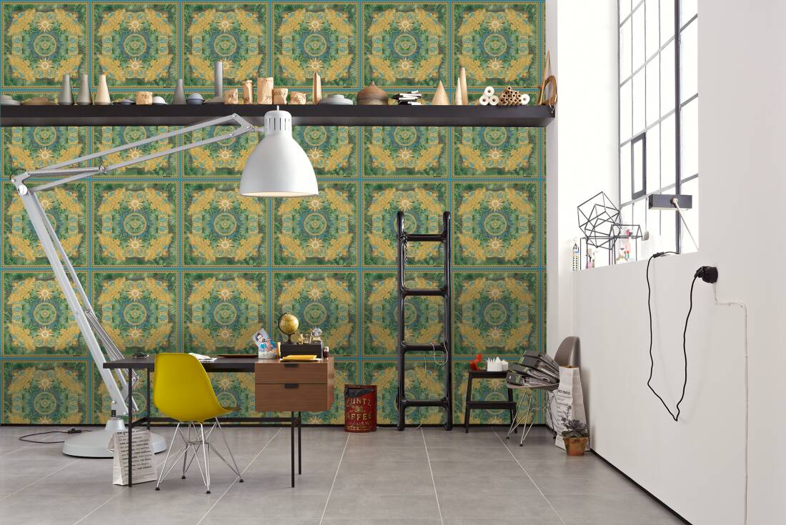 Baroque Ornaments Textured Wallpaper in Green/Multi from the Versace V Collection