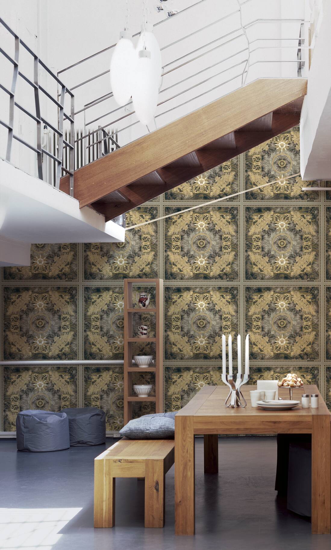 Baroque Ornaments Textured Wallpaper in Black/Gold from the Versace V Collection