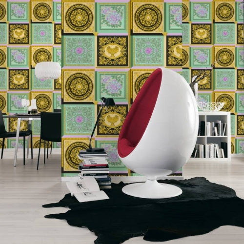 Baroque Squares Textured Wallpaper in Gold/Multi by Versace Home