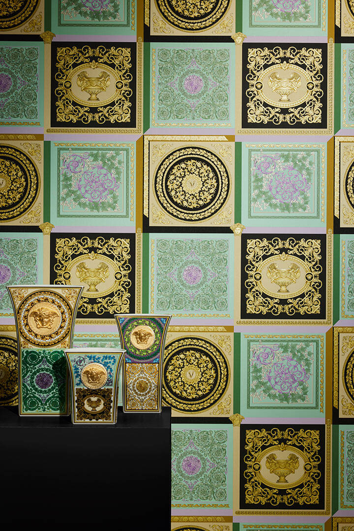 Baroque Squares Textured Wallpaper in Gold/Multi from the Versace V Collection