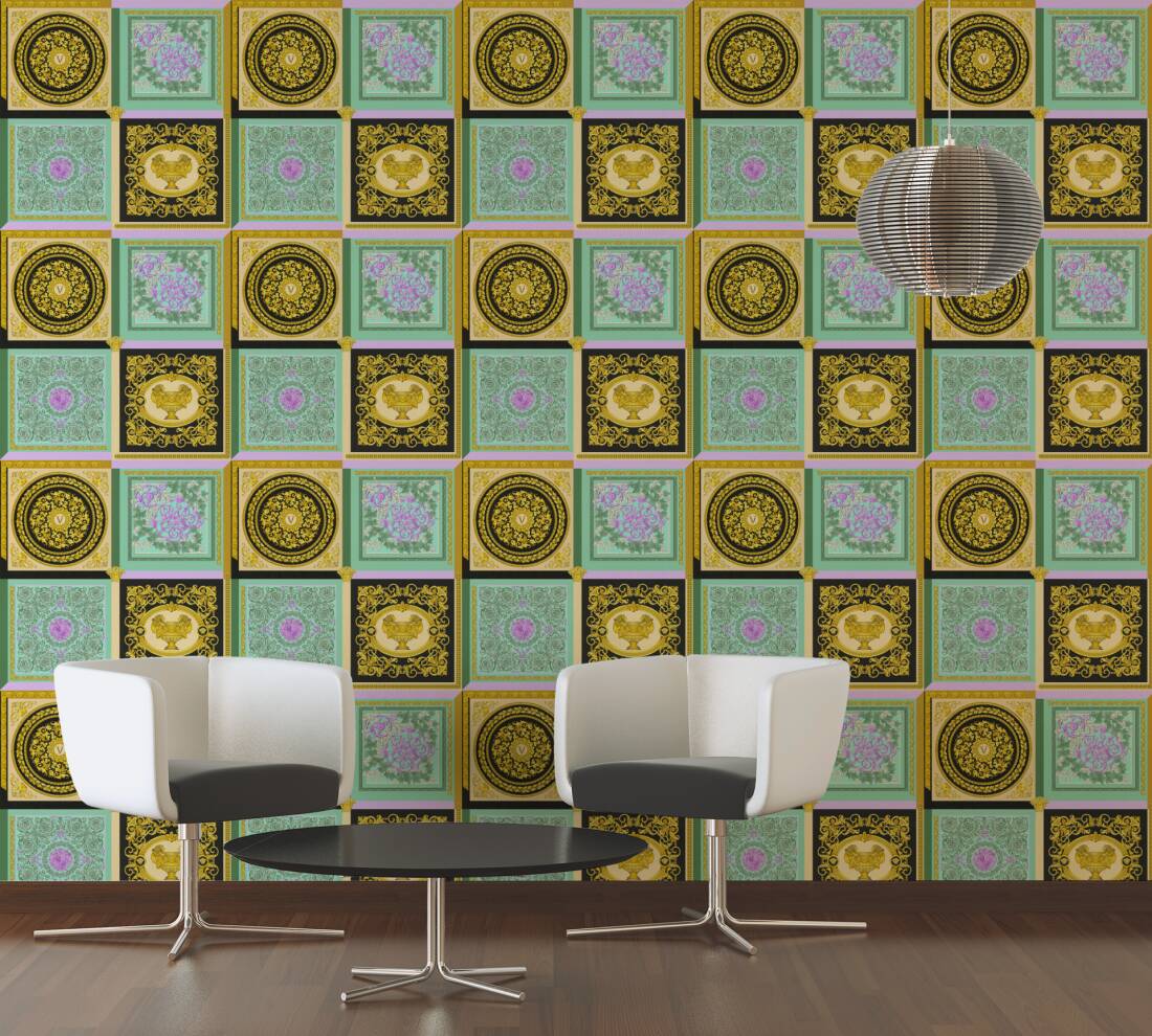 Baroque Squares Textured Wallpaper in Gold/Multi from the Versace V Collection