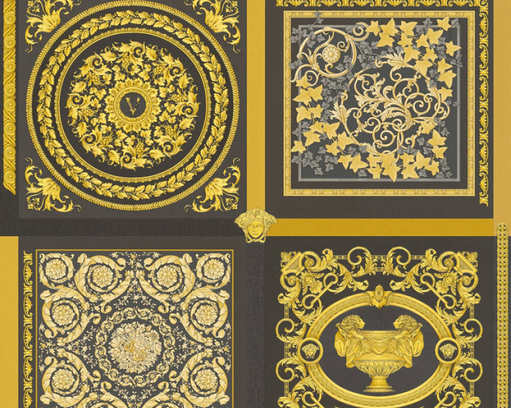 Baroque Squares Textured Wallpaper in Black/Gold by Versace Home