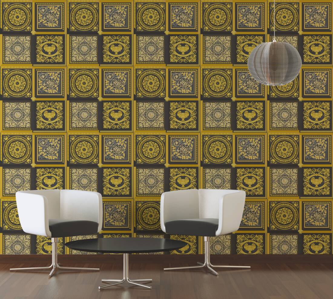 Baroque Squares Textured Wallpaper in Black/Gold from the Versace V Collection