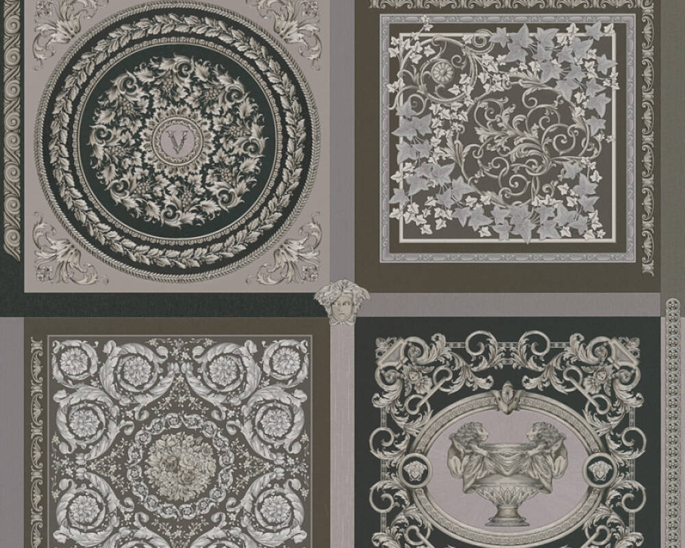 Baroque Squares Textured Wallpaper in Black/Grey by Versace Home