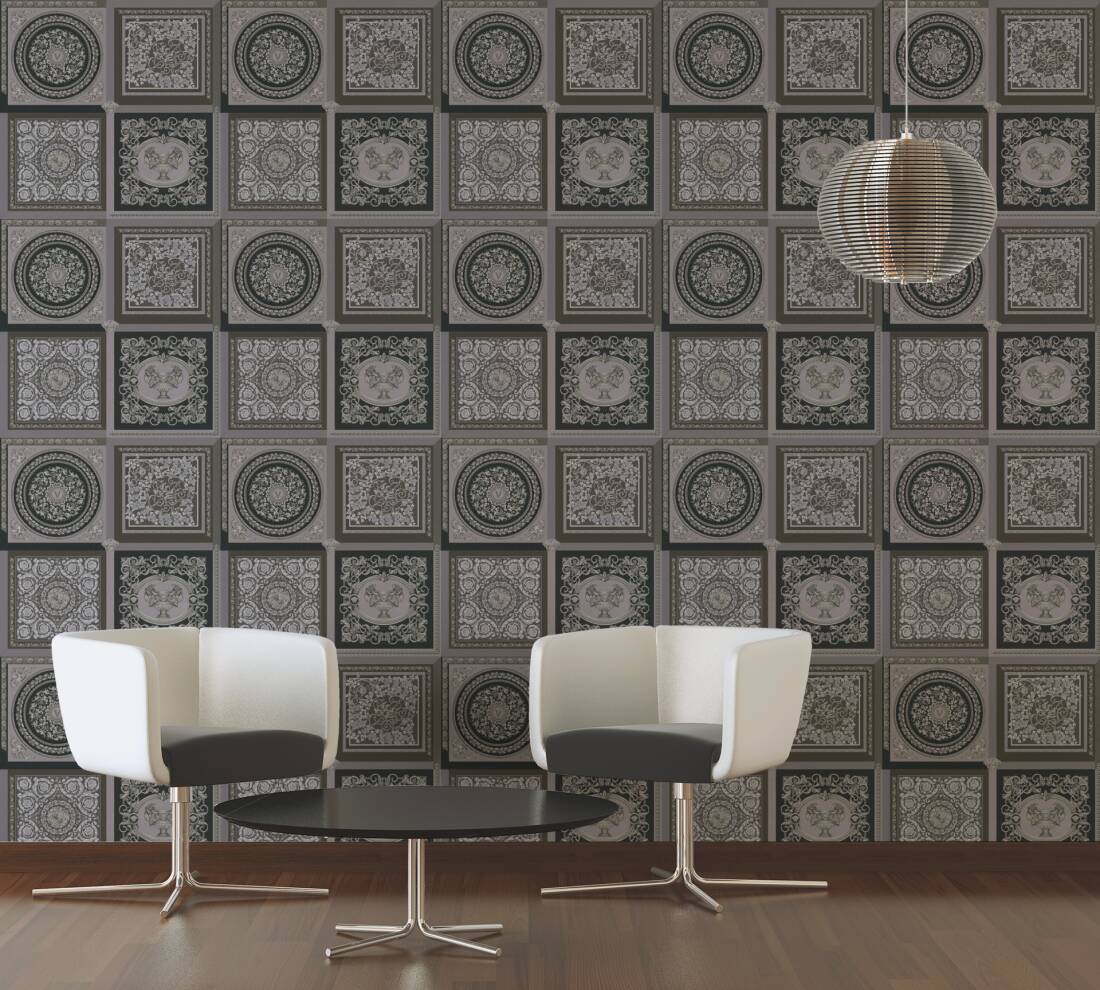 Baroque Squares Textured Wallpaper in Black/Grey from the Versace V Collection