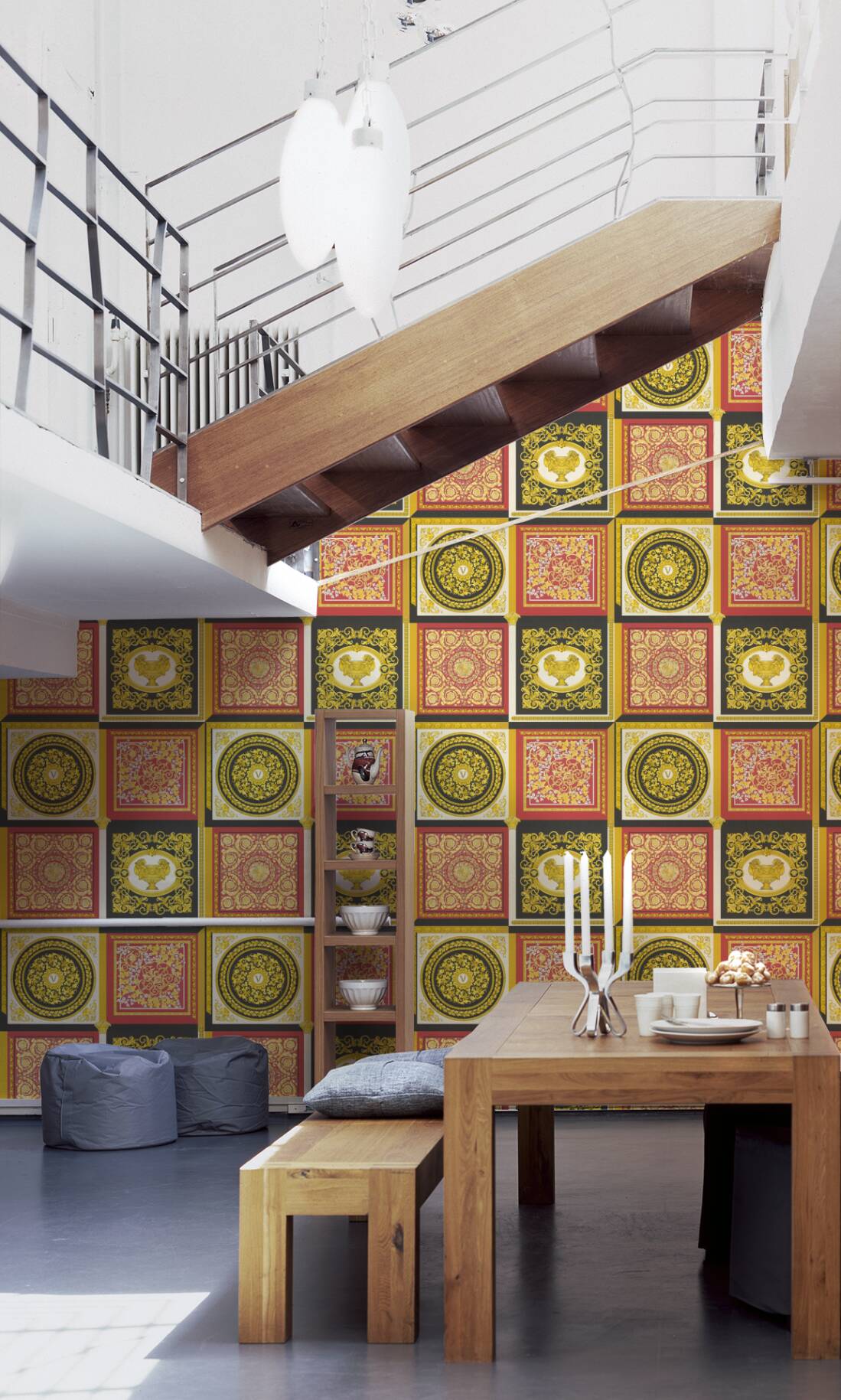 Baroque Squares Textured Wallpaper in Red/Gold from the Versace V Collection