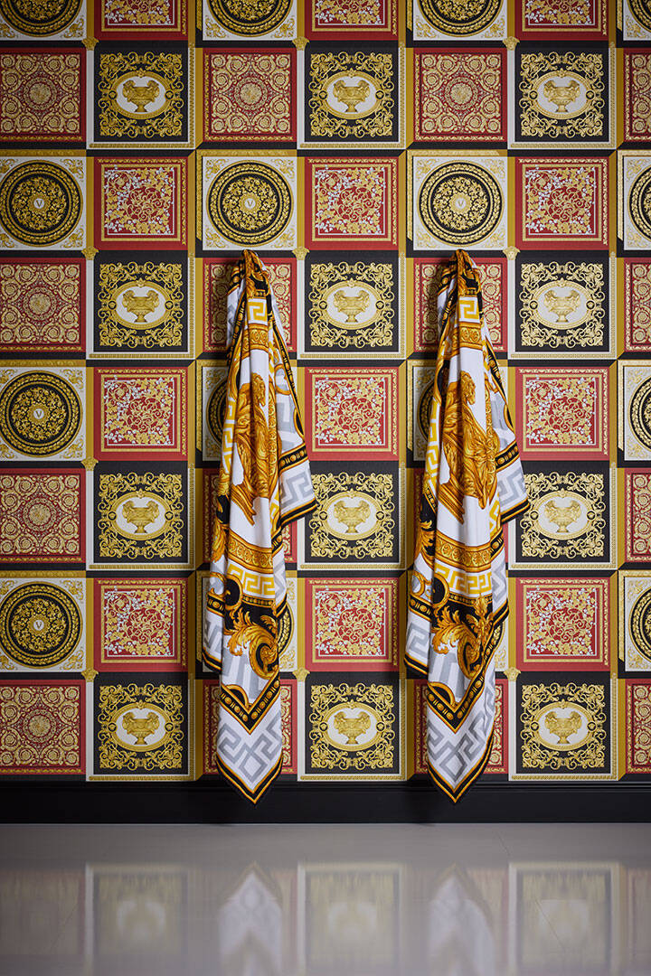 Baroque Squares Textured Wallpaper in Red/Gold from the Versace V Collection