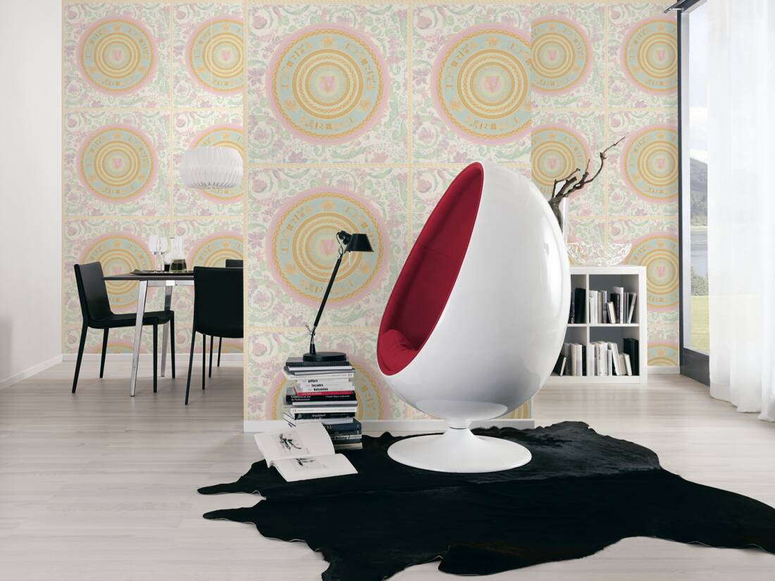 Baroque Circle Textured Wallpaper in Cream/Multi from the Versace V Collection
