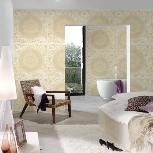 Baroque Circle Textured Wallpaper in Cream/Gold by Versace Home
