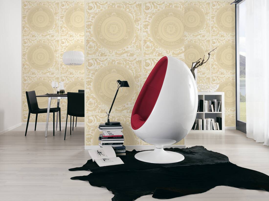 Baroque Circle Textured Wallpaper in Cream/Gold from the Versace V Collection