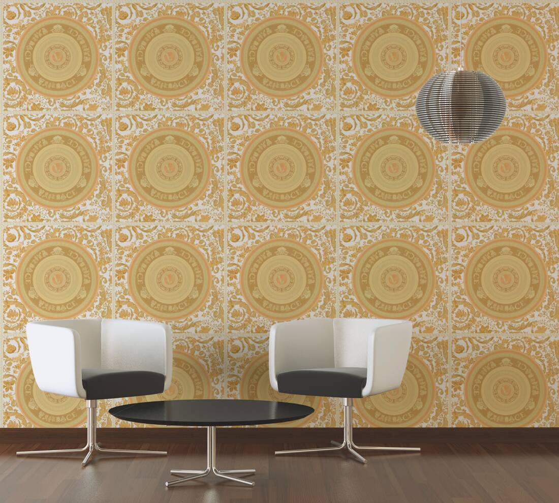 Baroque Circle Textured Wallpaper in Gold/Orange from the Versace V Collection