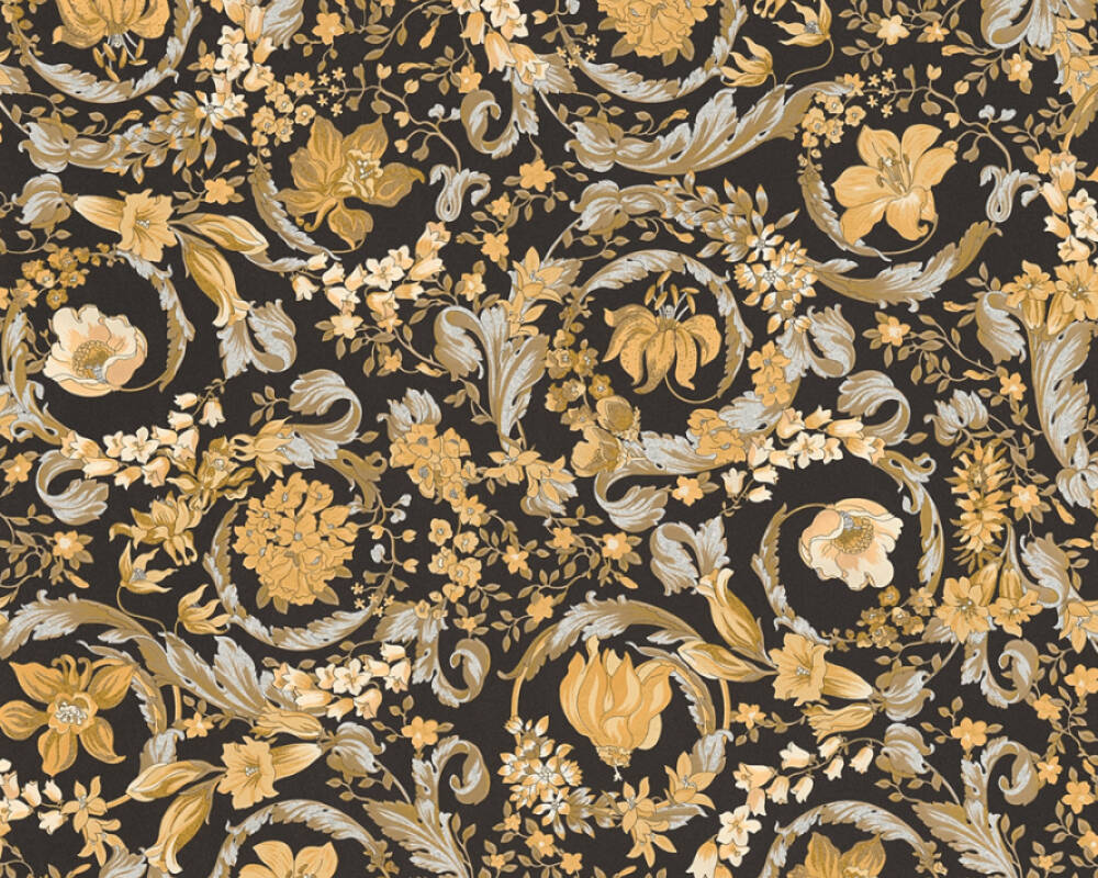 Baroque Damask Textured Wallpaper in Black/Gold by Versace Home
