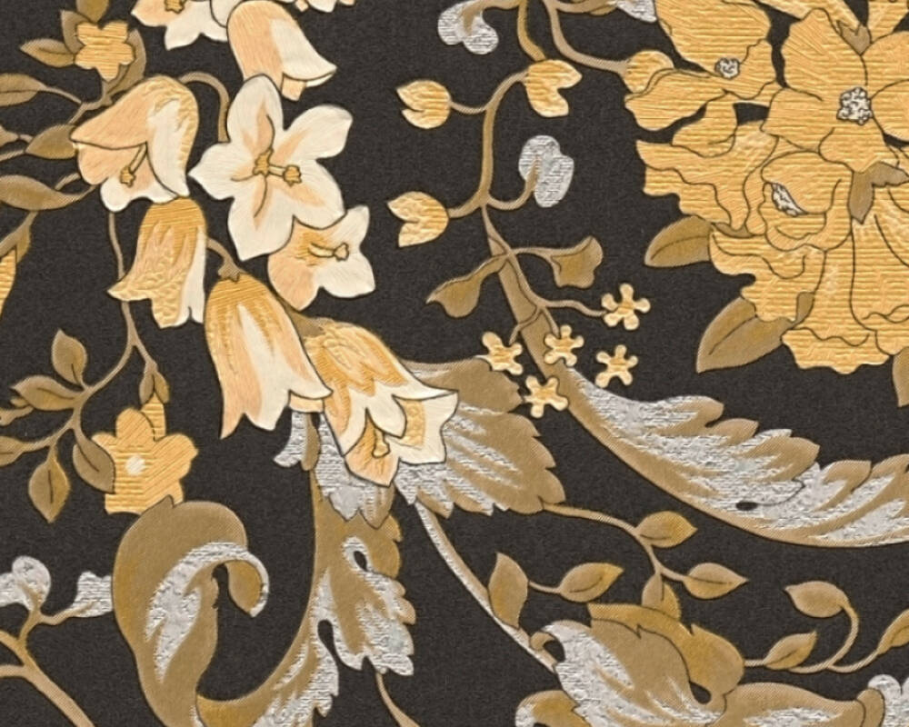 Baroque Damask Textured Wallpaper in Black/Gold from the Versace V Collection