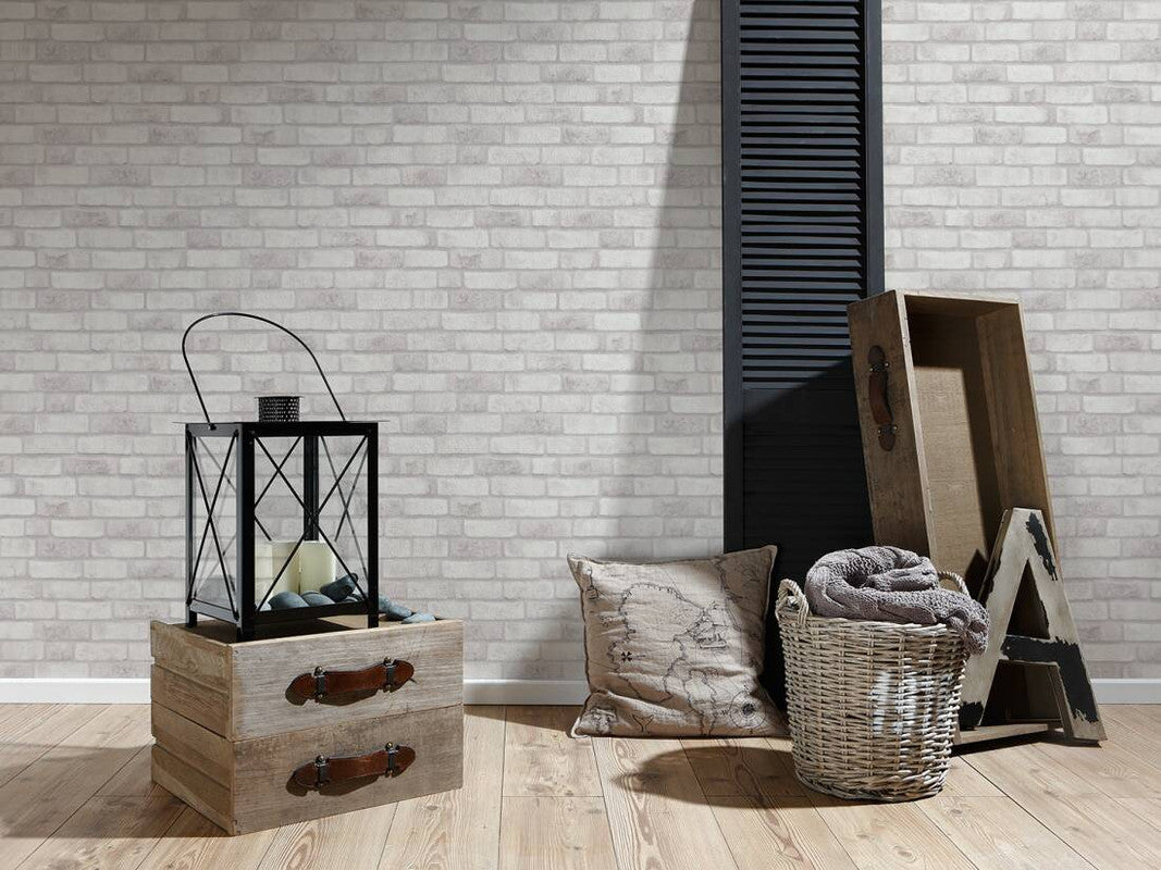 Brick Stone Wallpaper in Cream/White