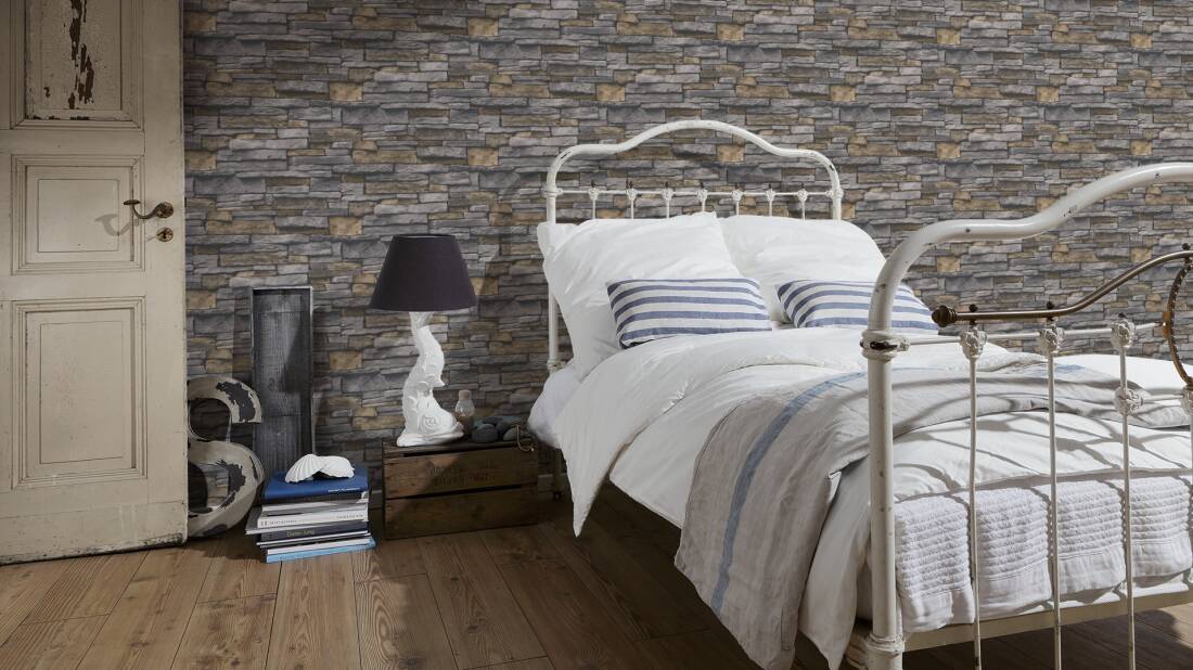 Stone Deco Wallpaper in Grey/Yellow