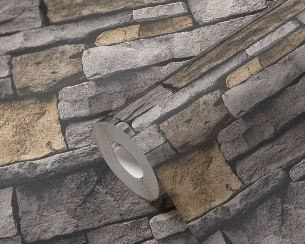 Stone Deco Wallpaper in Grey/Yellow