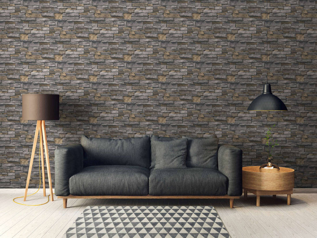 Stone Deco Wallpaper in Grey/Yellow