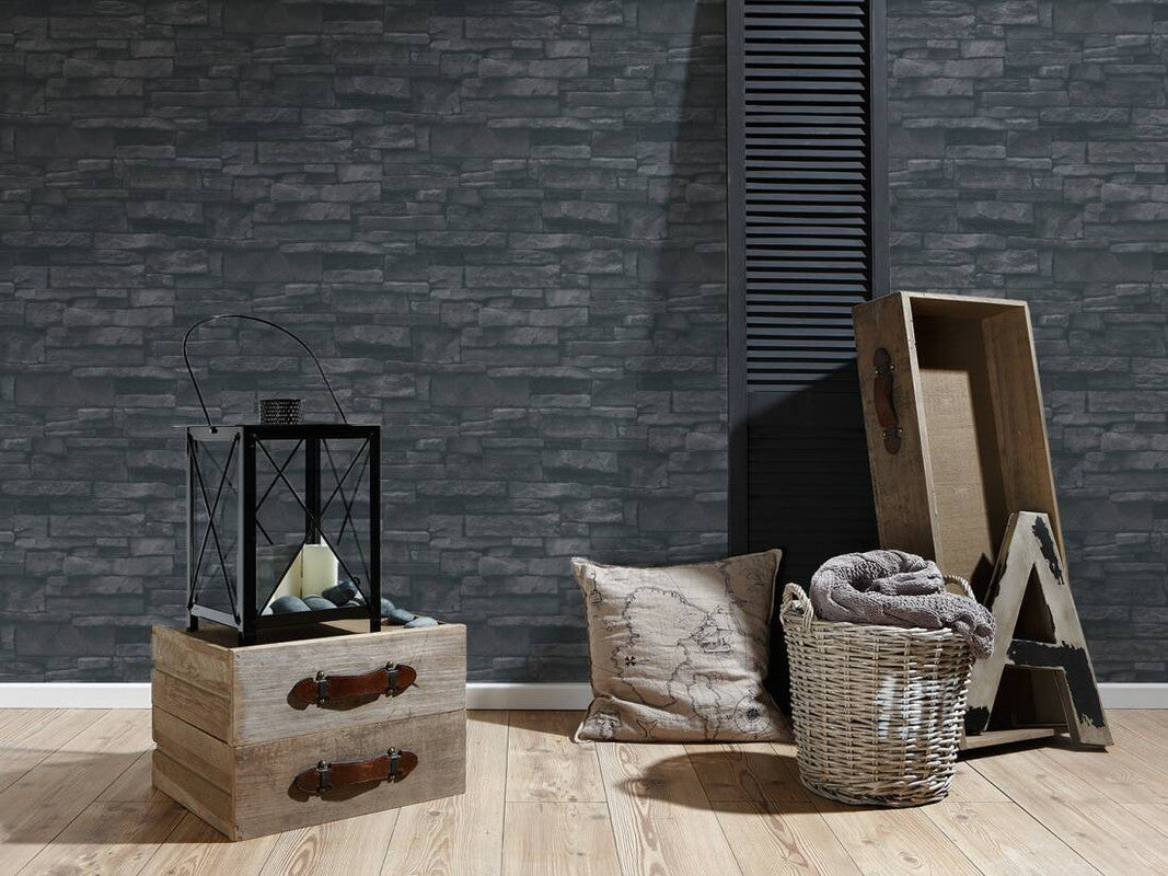 Stone Deco Wallpaper in Black