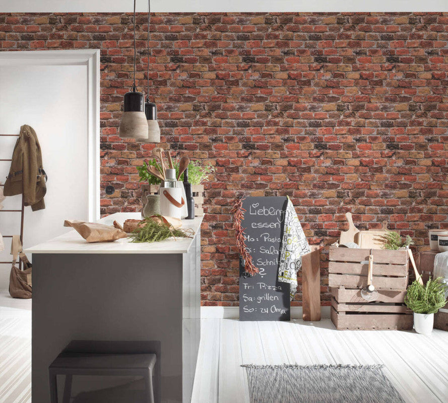 Brick Deco Wallpaper in Red/Brown/Orange