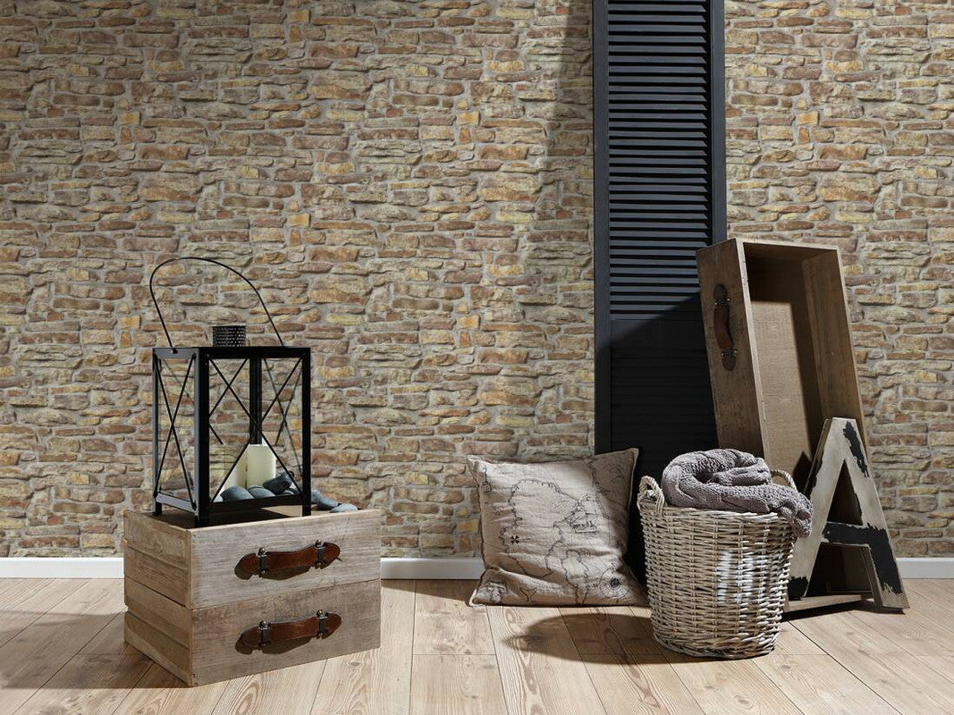 Stone Brick Deco Wallpaper in Beige/Brown