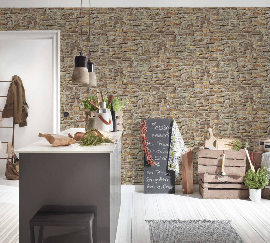 Stone Brick Deco Wallpaper in Beige/Brown