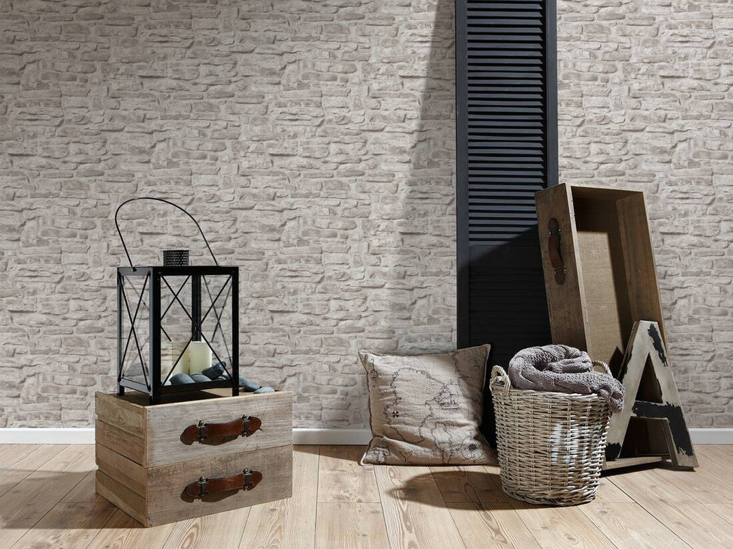 Stone Brick Deco Wallpaper in Beige